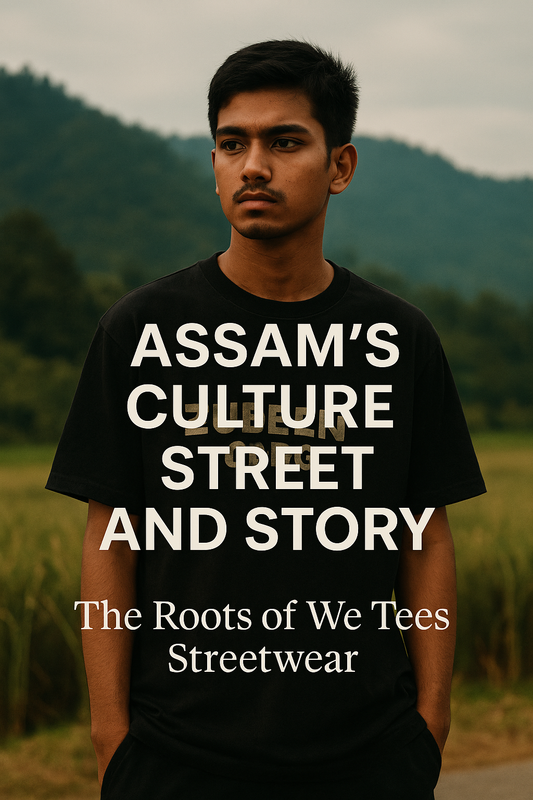 A model in a black Assam-inspired We Tees streetwear T-shirt poses in front of Assam’s green hills, symbolizing Assam’s culture, street life, and identity.