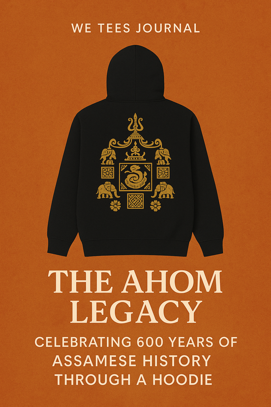 “We Tees Ahom Legacy Hoodie featuring traditional Ahom royal motifs, shown on a textured brown cover for the We Tees Journal.”