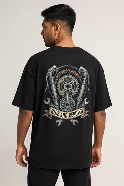 Oversized black rider tee with engine artwork