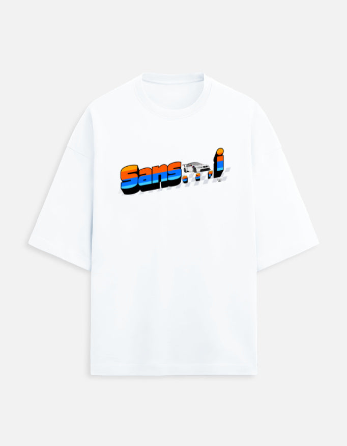 Color_White WE TEES Sanscari oversized T-shirt for car lovers with typography design