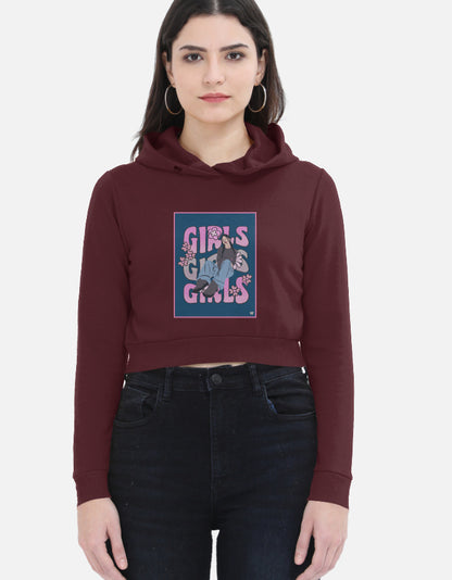 Color_Maroon WE TEES girls cropped hoodie with Girls Girls Girls graphic print