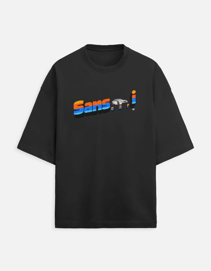 Color_Black WE TEES Sanscari oversized T-shirt for car lovers with typography design