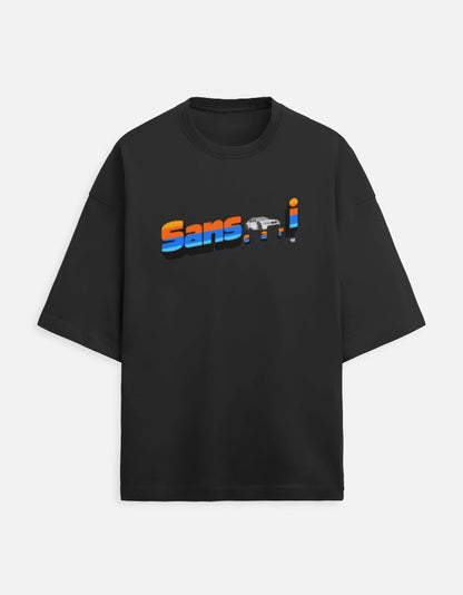Color_Black WE TEES Sanscari oversized T-shirt for car lovers with typography design