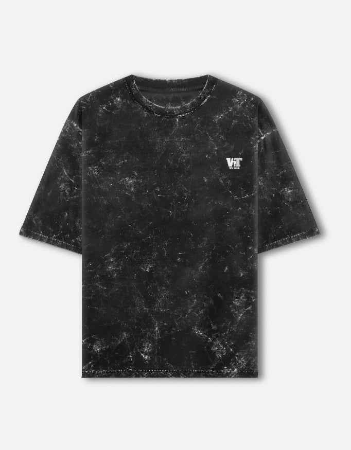 Color_Black acid washed oversized t-shirt by WE TEES with minimal chest logo