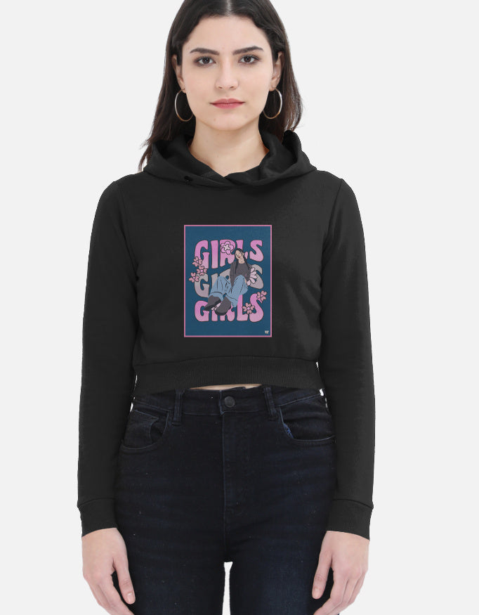 Color_Black WE TEES girls cropped hoodie with Girls Girls Girls graphic print