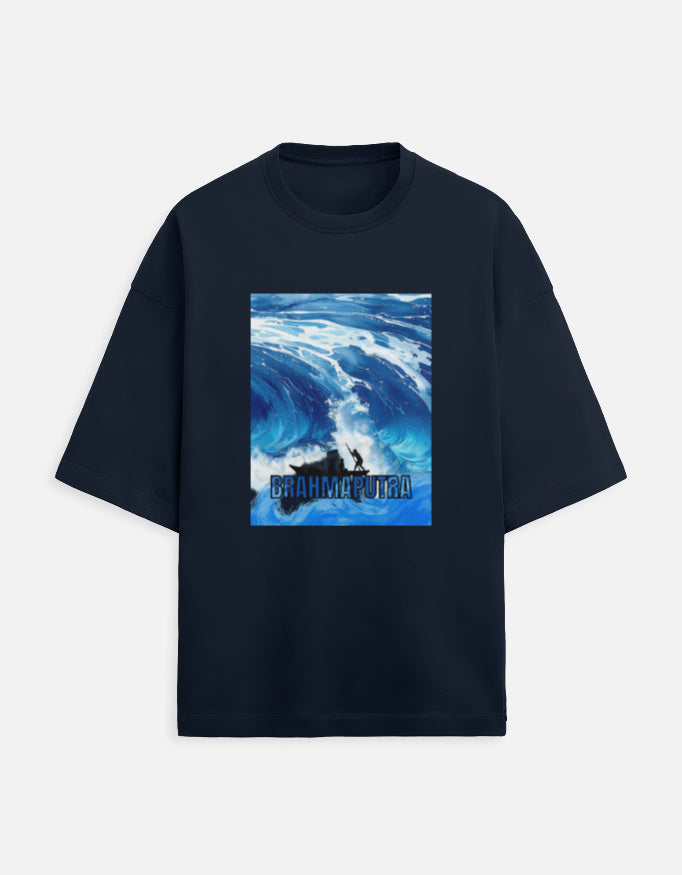 Color_NavyBlue “WE TEES Brahmaputra Wave Rider – premium oversized cotton t-shirt with wave artwork”