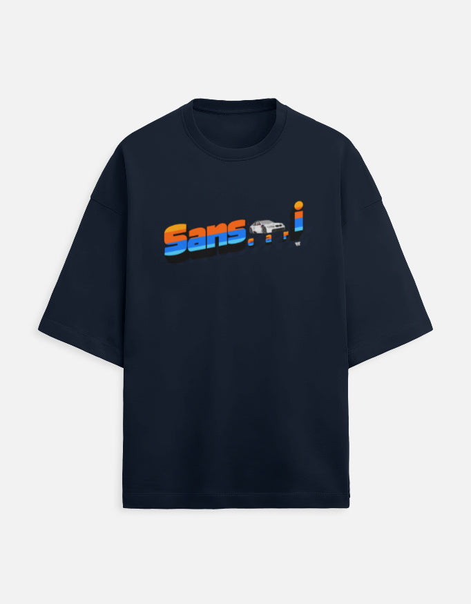 Color_NavyBlue WE TEES Sanscari oversized T-shirt for car lovers with typography design