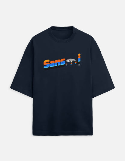 Color_NavyBlue WE TEES Sanscari oversized T-shirt for car lovers with typography design
