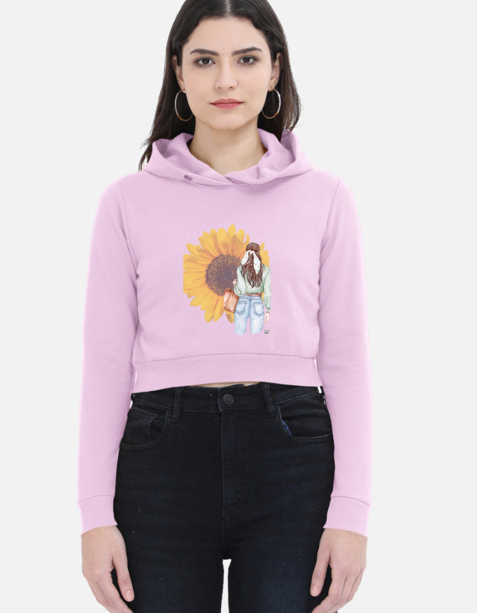 Color_LightBabyPink WE TEES lilac cropped hoodie for women with sunflower graphic print