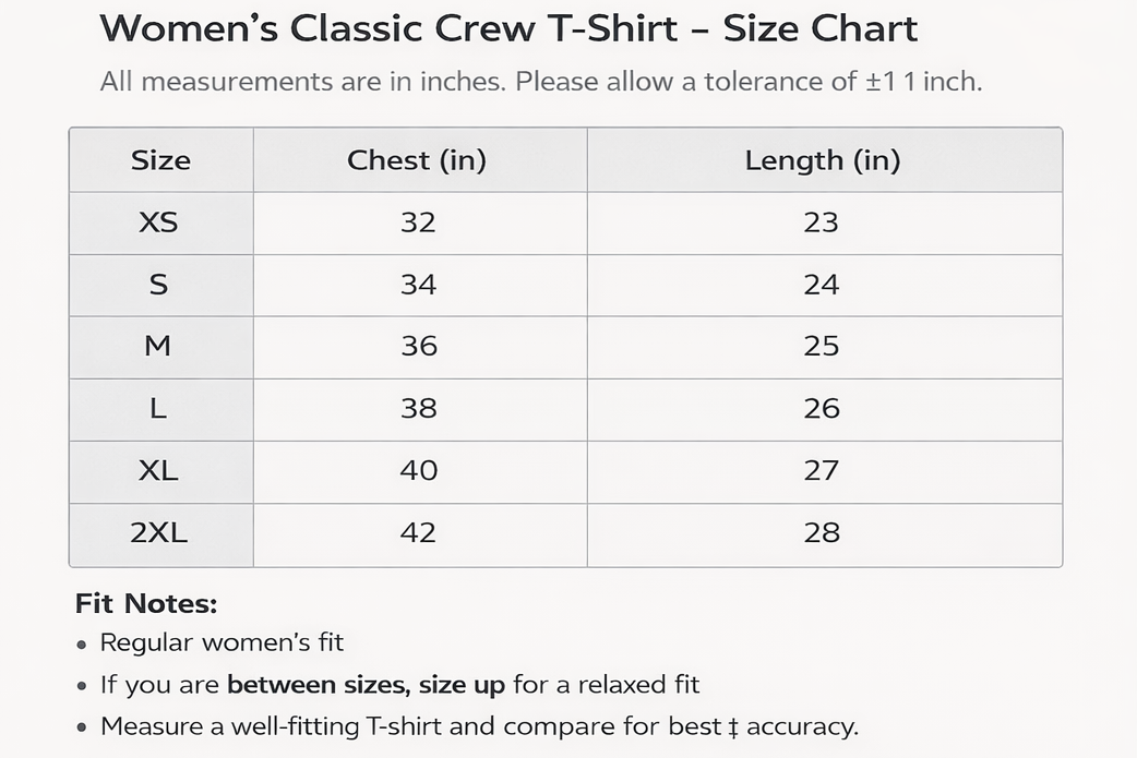 Size chart for women's classic crew t-shirts with measurements in inches.