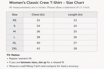 Size chart for women's classic crew t-shirts with measurements in inches.